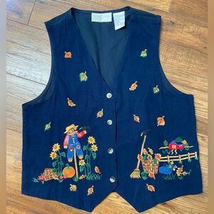 Vtg Embroidered Granny Fall Leaves Harvest Vest Sz M 100% Cotton Thanksgiving